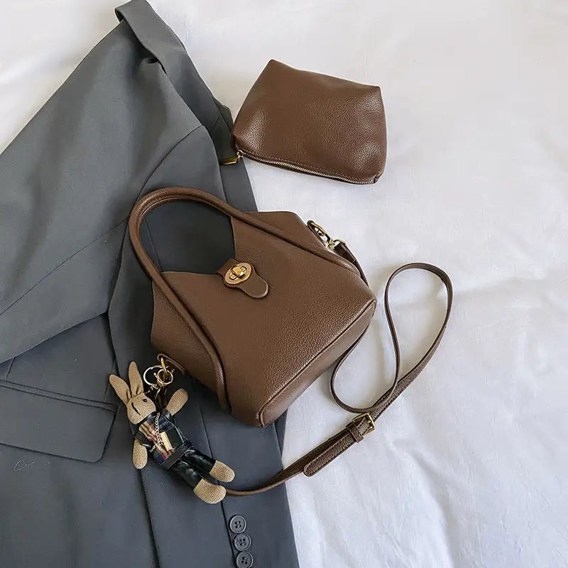 Medium PU Bucket Bag with Stitching and Multiple Pockets - Brown