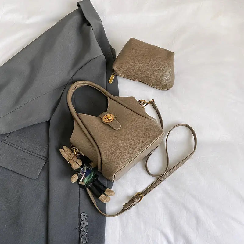 Medium PU Bucket Bag with Stitching and Multiple Pockets - Khaki