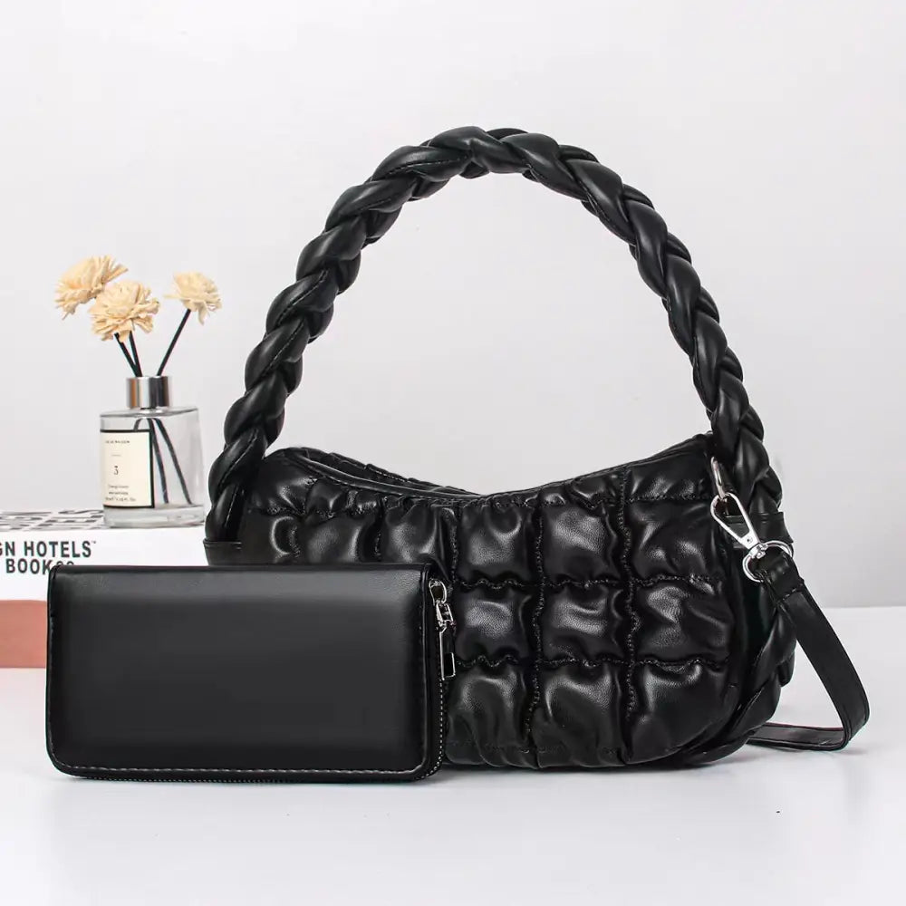 Medium PU Bucket Suitcase Bag with Internal Zipper and Multiple Compartments - Black / Length 24 Width 7 Height 14