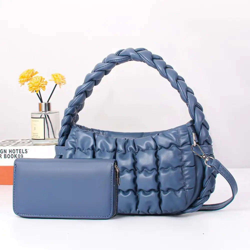 Medium PU Bucket Suitcase Bag with Internal Zipper and Multiple Compartments - Blue / Length 24 Width 7 Height 14