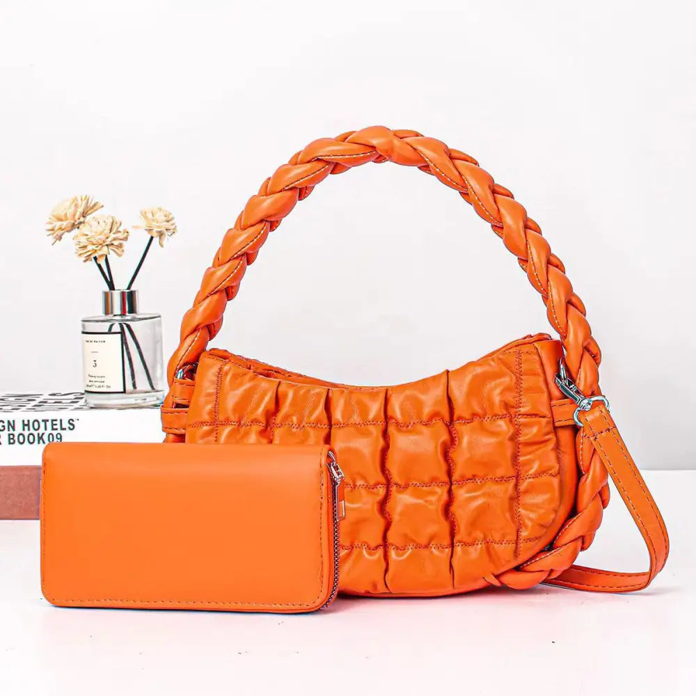 Medium PU Bucket Suitcase Bag with Internal Zipper and Multiple Compartments - Orange / Length 24 Width 7 Height 14