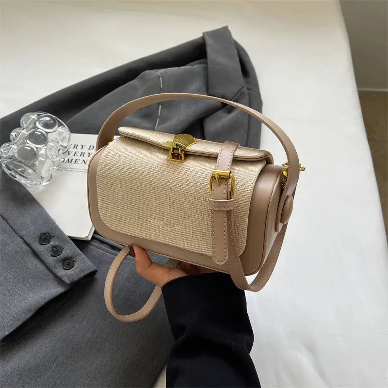 Medium PU Contrast Color Suitcase with Lock and Single Shoulder Strap - Beige