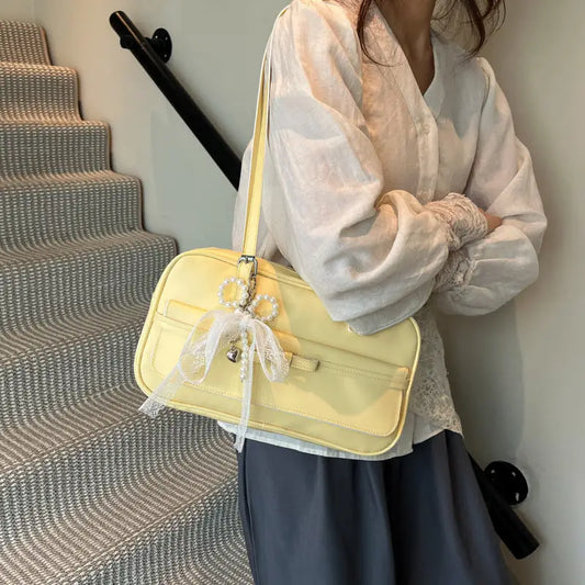 Medium PU Flap Bag with Silk Scarf and Pearl Bow Ornaments