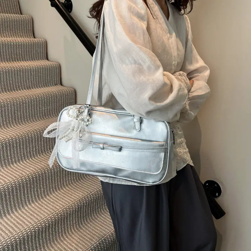 Medium PU Flap Bag with Silk Scarf and Pearl Bow Ornaments
