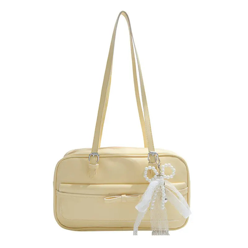 Medium PU Flap Bag with Silk Scarf and Pearl Bow Ornaments