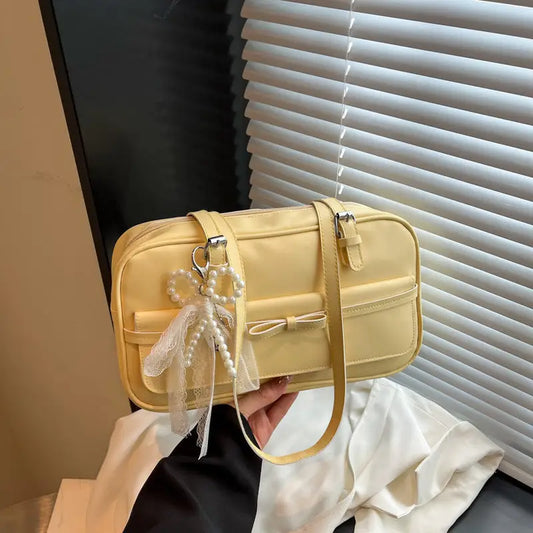 Medium PU Flap Bag with Silk Scarf and Pearl Bow Ornaments