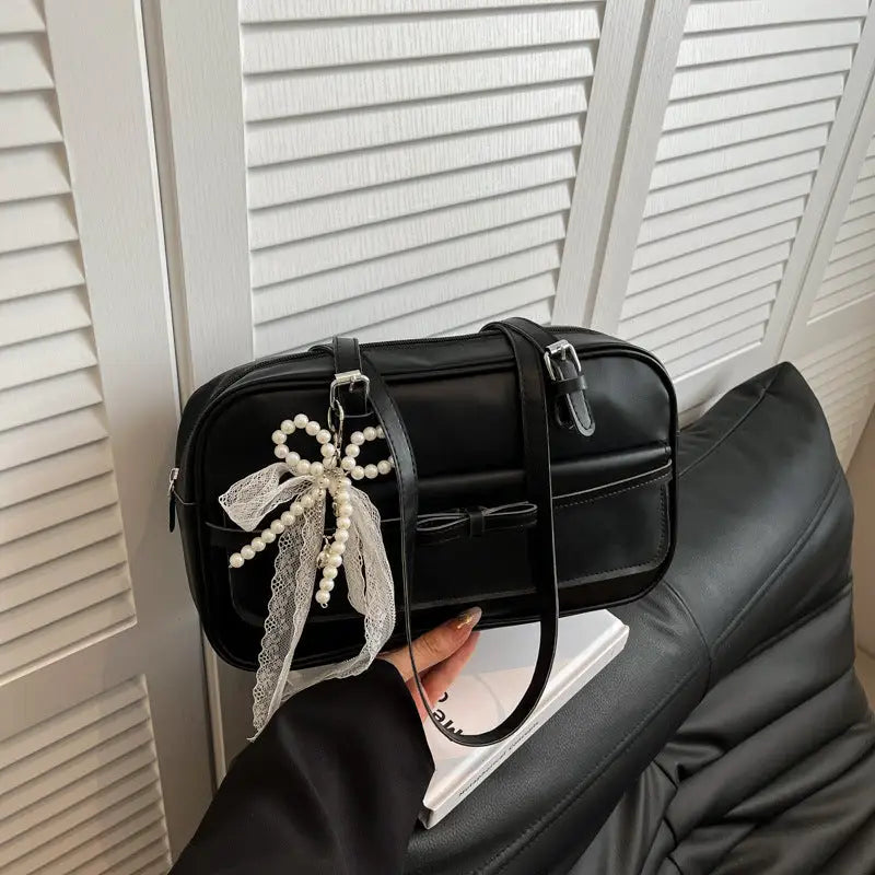 Medium PU Flap Bag with Silk Scarf and Pearl Bow Ornaments - Black / Single Bag
