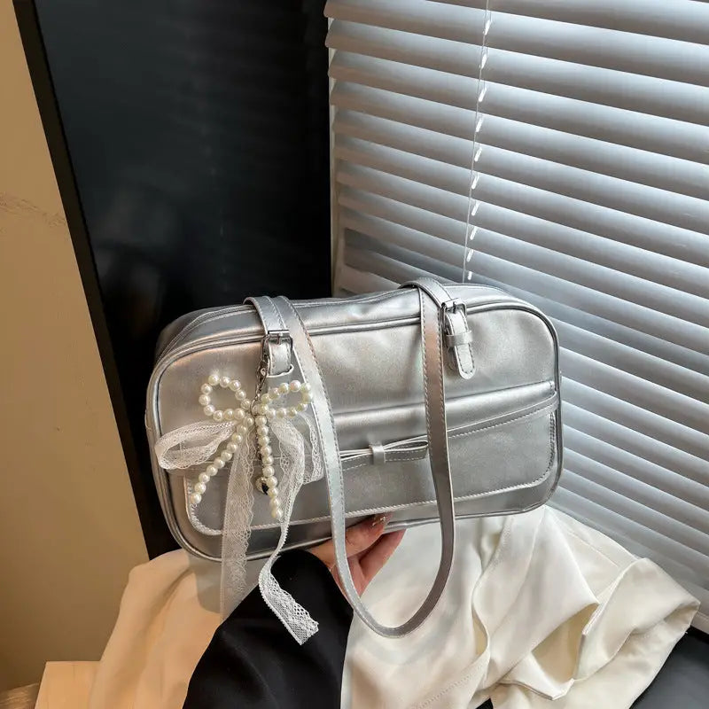 Medium PU Flap Bag with Silk Scarf and Pearl Bow Ornaments - Silver / Single Bag