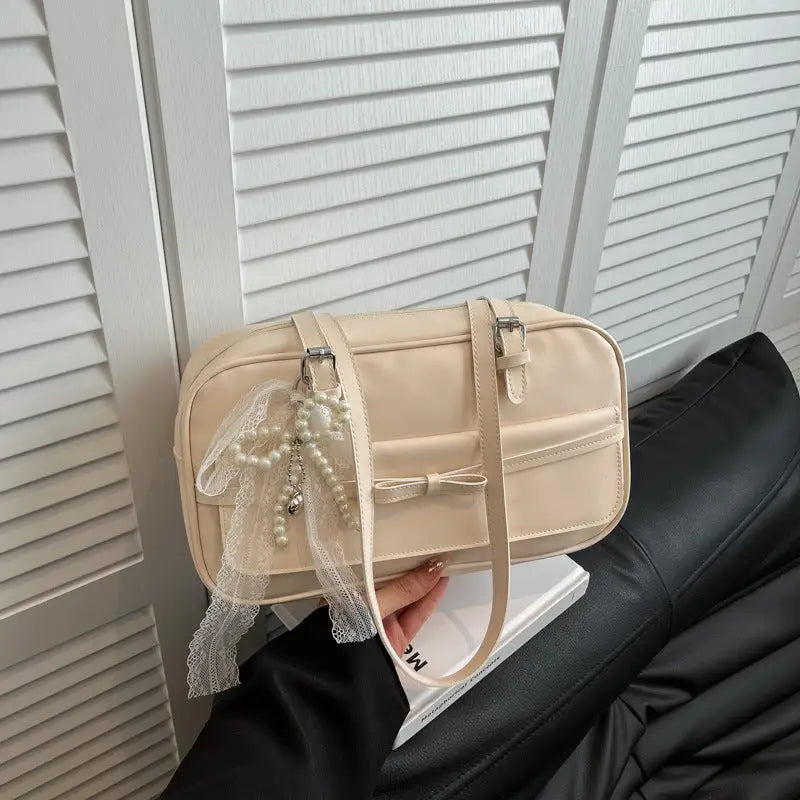 Medium PU Flap Bag with Silk Scarf and Pearl Bow Ornaments - White / Single Bag