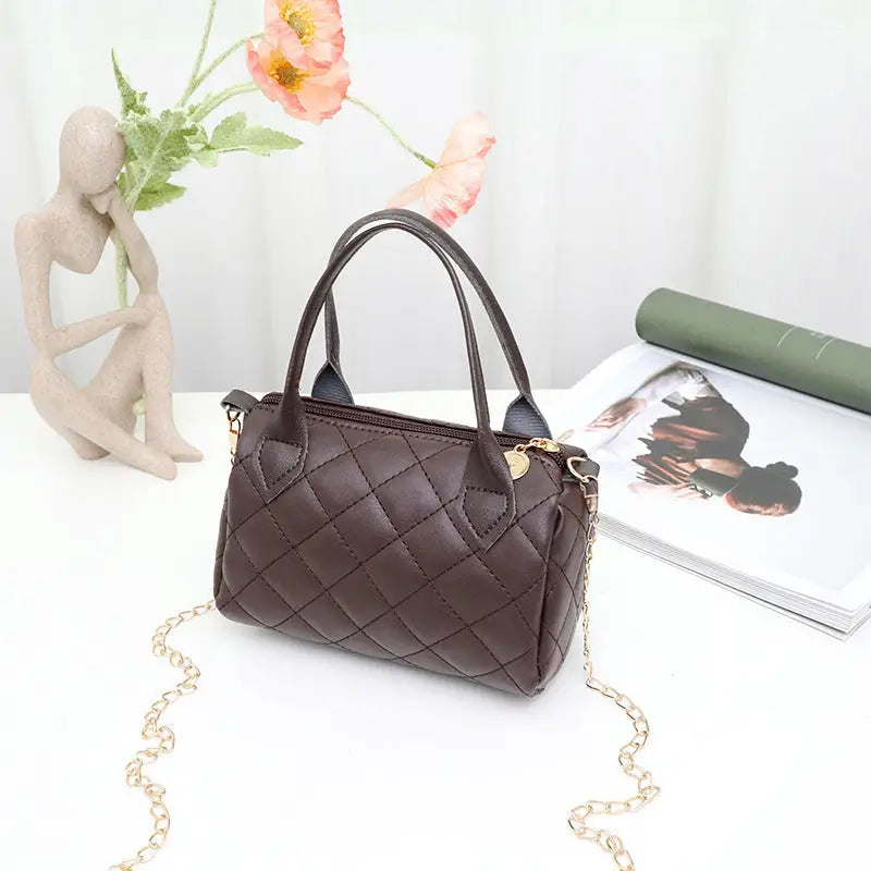 Medium PU Handbag with Plaid and Rhombus Pattern - Dark Brown
