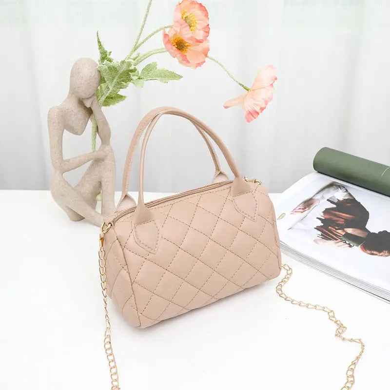 Medium PU Handbag with Plaid and Rhombus Pattern - Khaki