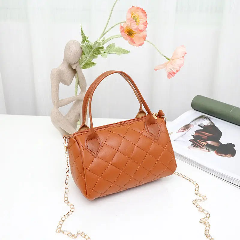 Medium PU Handbag with Plaid and Rhombus Pattern - Light Brown