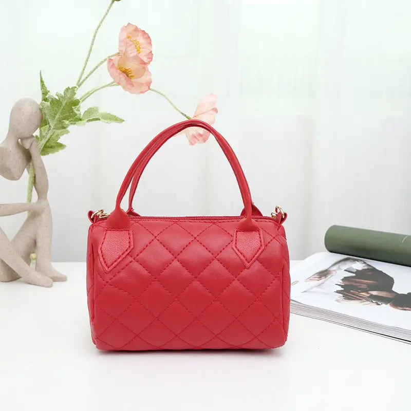 Medium PU Handbag with Plaid and Rhombus Pattern - Red