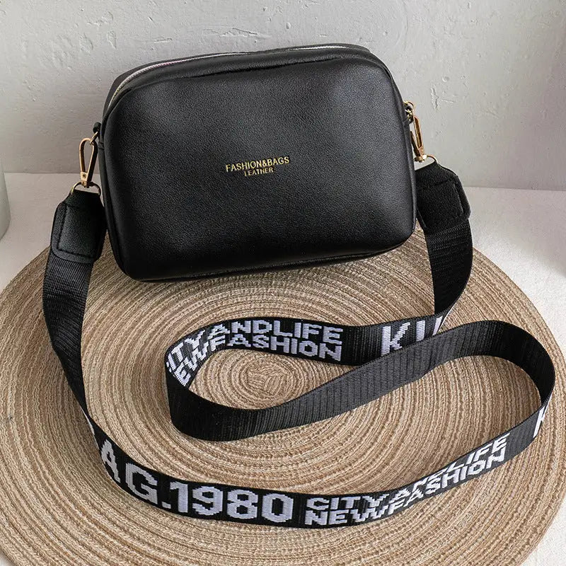Medium PU Horizontal Square Bag with Three-Dimensional Pocket - English Pattern Black
