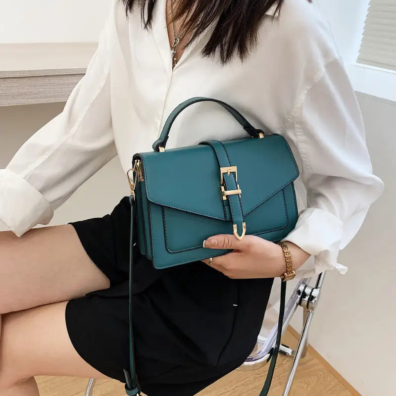 Medium PU Horizontal Square Suitcase with Soft Handle and Outer Pocket - Blue
