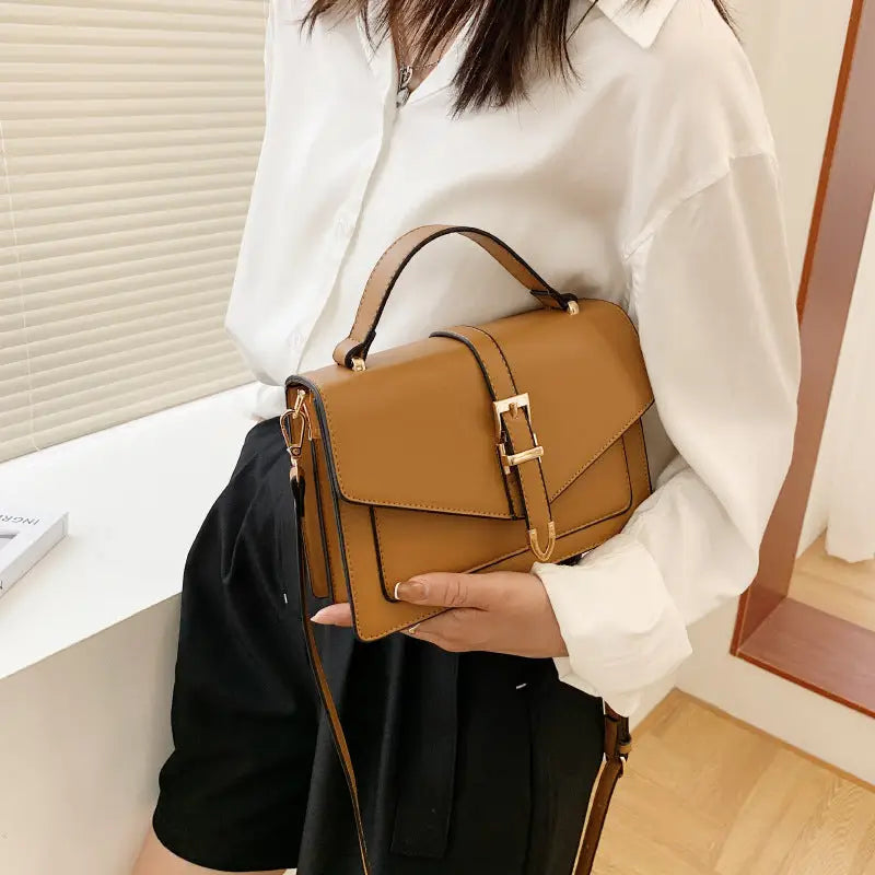 Medium PU Horizontal Square Suitcase with Soft Handle and Outer Pocket - Brown