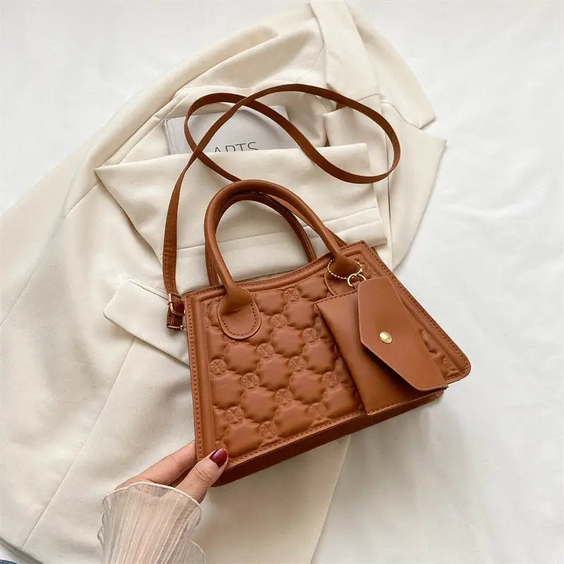 Medium PU Leather Handbag with Sandwich Pocket and Mobile Phone Compartment - Brown