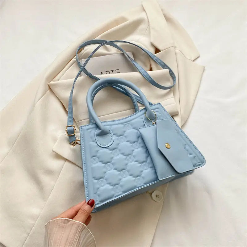 Medium PU Leather Handbag with Sandwich Pocket and Mobile Phone Compartment - Blue