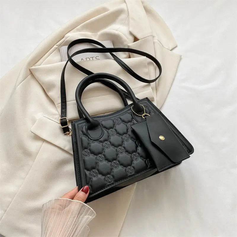Medium PU Leather Handbag with Sandwich Pocket and Mobile Phone Compartment - Black