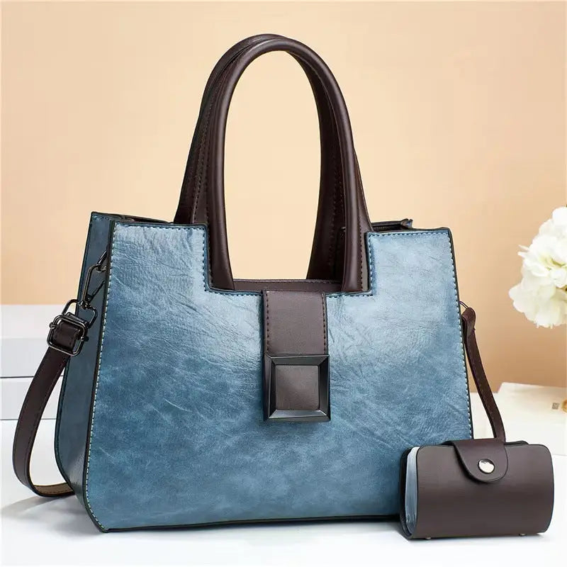 Medium PU Shoulder Bag with Three Dimensional Outer Pocket and Zipper - Blue