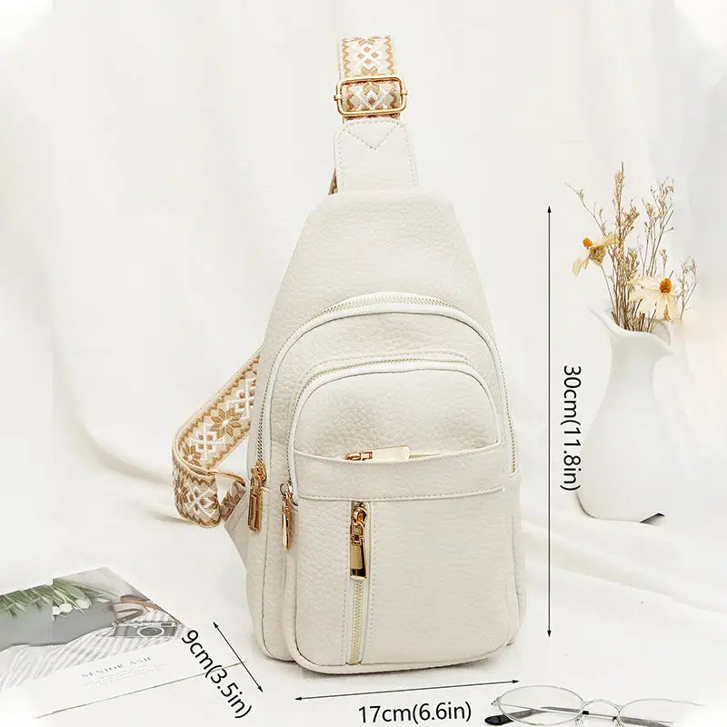 Medium PU Shoulder Bag with Three Dimensional Pocket and Zippered Interior - White / 17x9x30cm