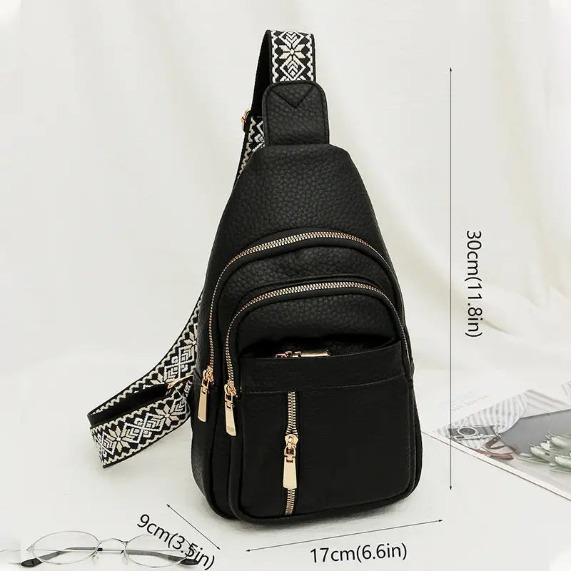 Medium PU Shoulder Bag with Three Dimensional Pocket and Zippered Interior - Black / 17x9x30cm