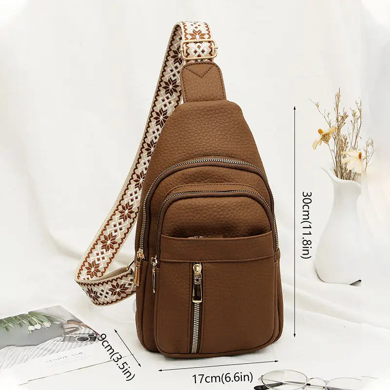 Medium PU Shoulder Bag with Three Dimensional Pocket and Zippered Interior - Brown / 17x9x30cm