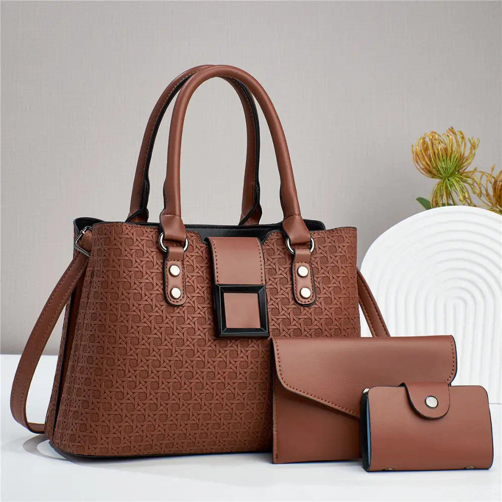 Medium PU Vertical Suitcase Bag with Zipper and Open Pocket - Brown