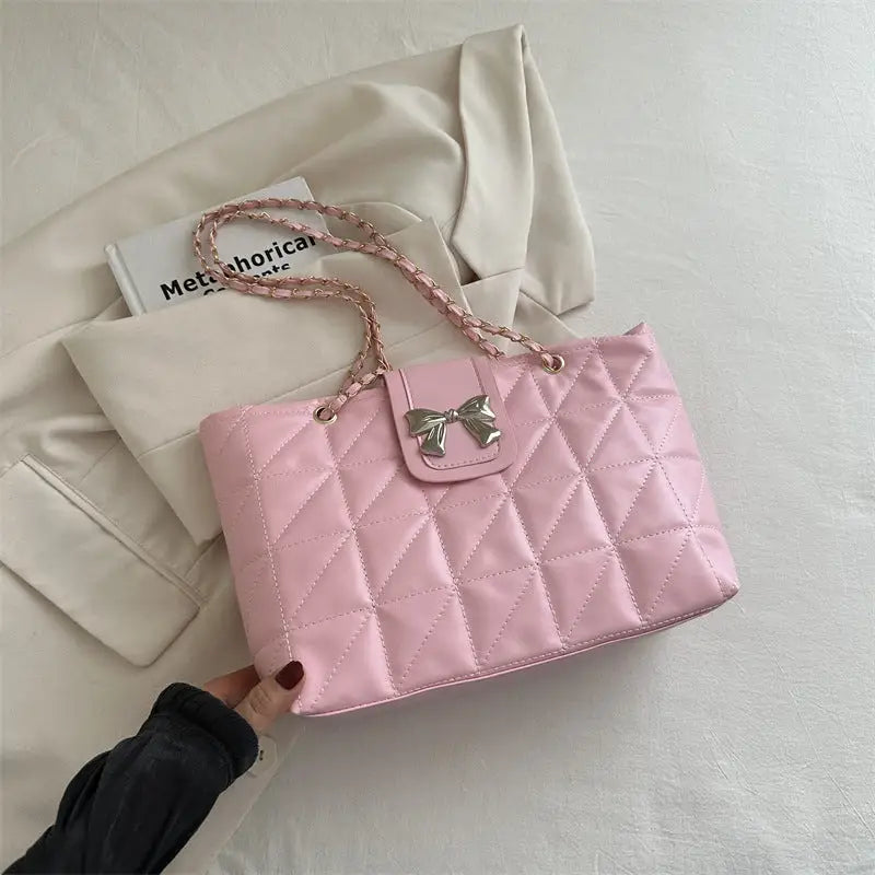 Medium Soft PU Shoulder Bag with Double Connector in Multiple Colors - Pink