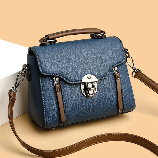 Medium Soft PU Shoulder Bag with Lock in Black Blue or Khaki