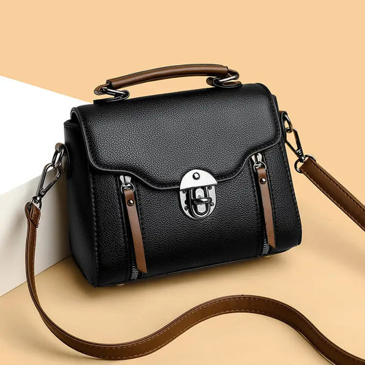 Medium Soft PU Shoulder Bag with Lock in Black Blue or Khaki