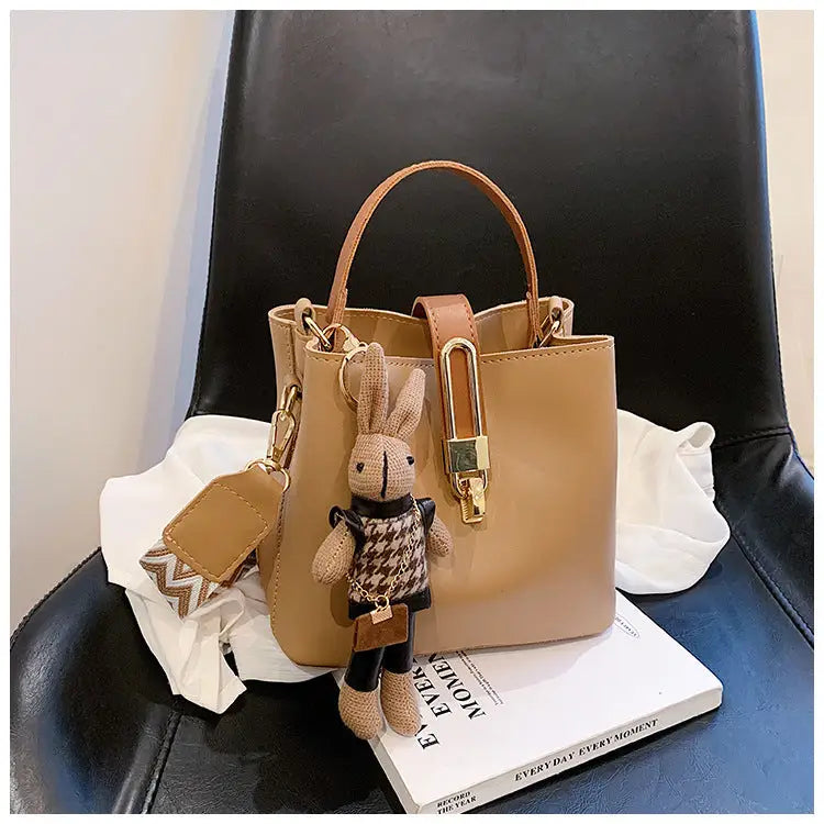 Medium Soft PU Shoulder Bag with Pendant in Multiple Colors - Khaki [with pendant]