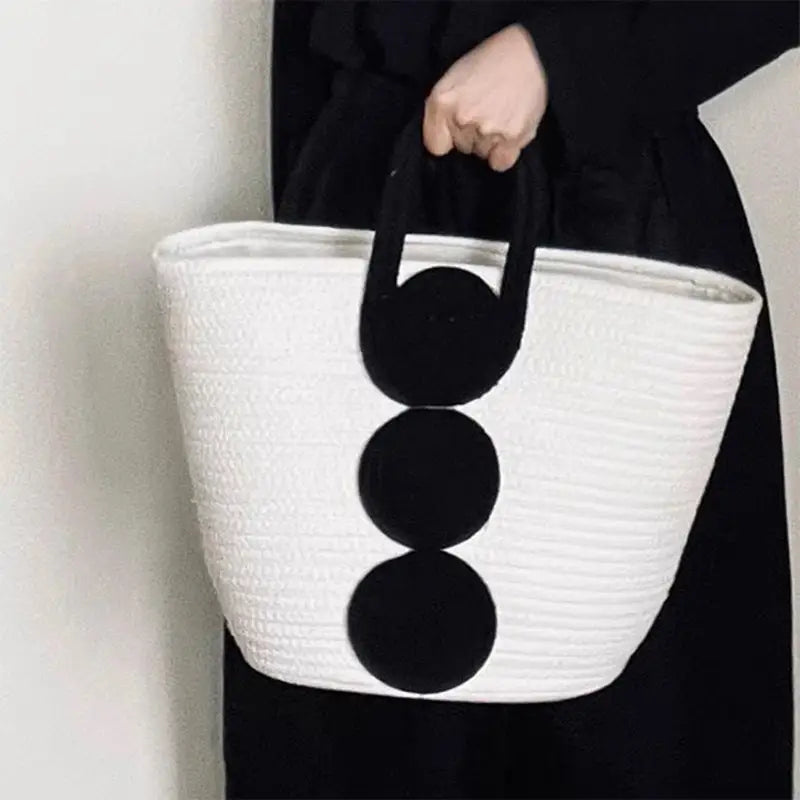 Medium Straw Handbag with Outer Pocket in Black White or Khaki - White / Standard Size
