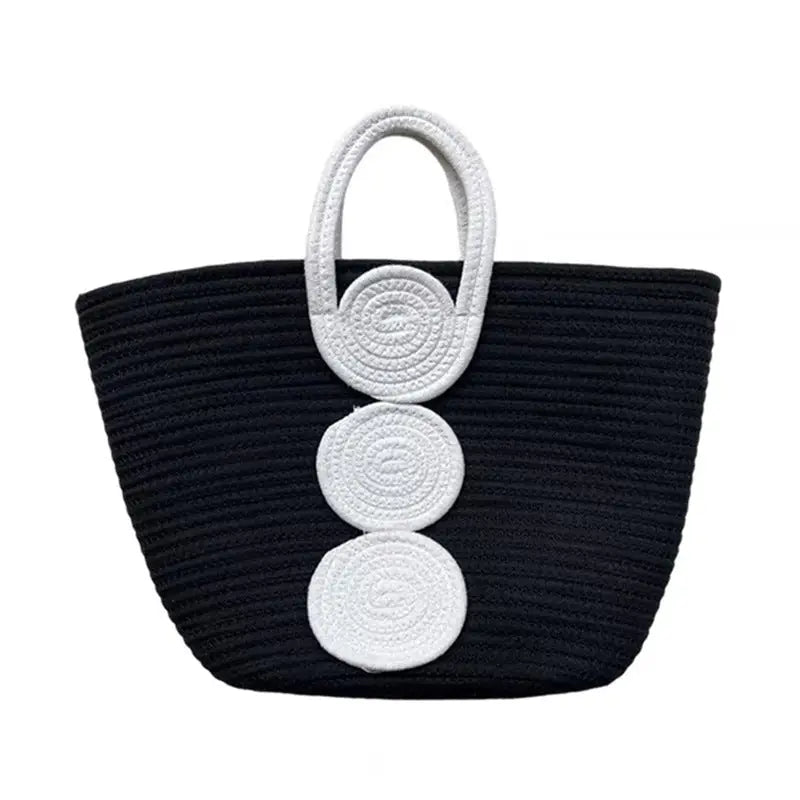 Medium Straw Handbag with Outer Pocket in Black White or Khaki - Black / Standard Size