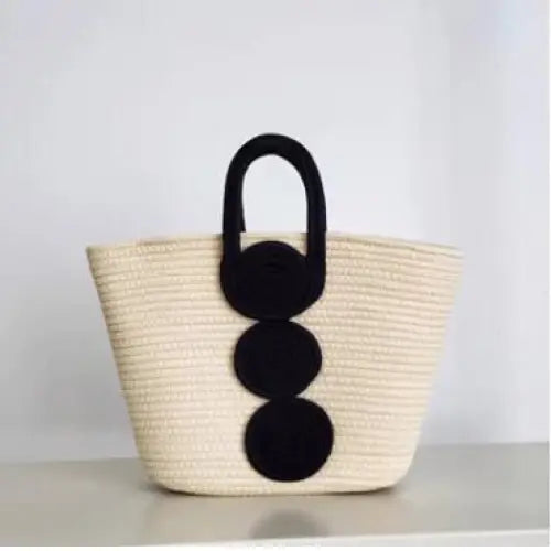 Medium Straw Handbag with Outer Pocket in Black White or Khaki - Khaki / Standard Size