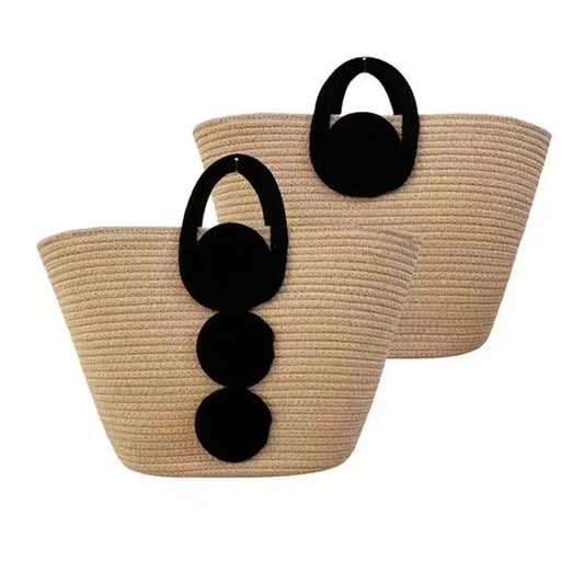 Medium Straw Handbag with Outer Pocket in Black White or Khaki