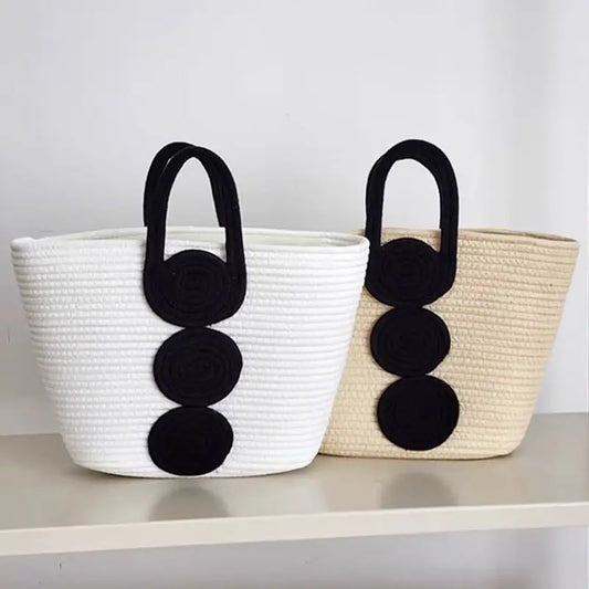 Medium Straw Handbag with Outer Pocket in Black White or Khaki
