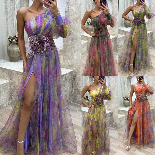 Mesh Slanted Shoulder Printed Long Dress for Women - 4