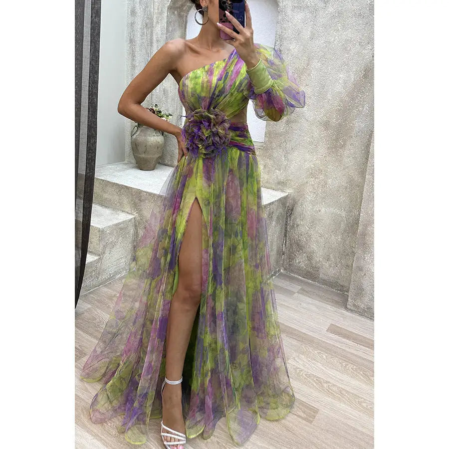 Mesh Slanted Shoulder Printed Long Dress for Women - Green / S - 4