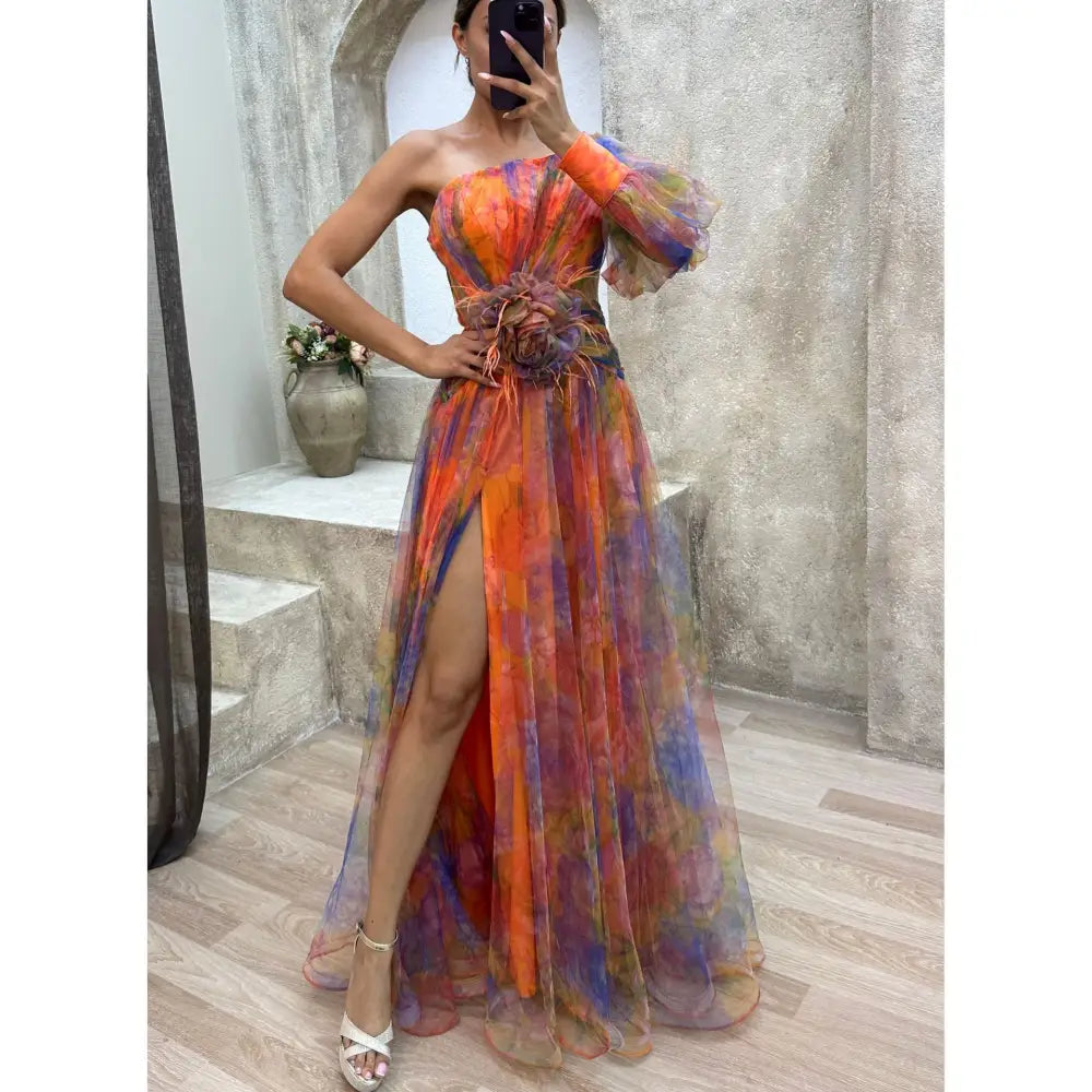 Mesh Slanted Shoulder Printed Long Dress for Women - Orange / S - 4