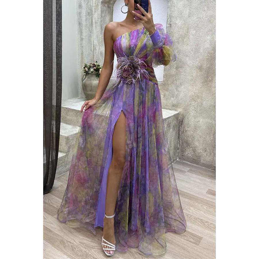 Mesh Slanted Shoulder Printed Long Dress for Women - Purple / S - 4