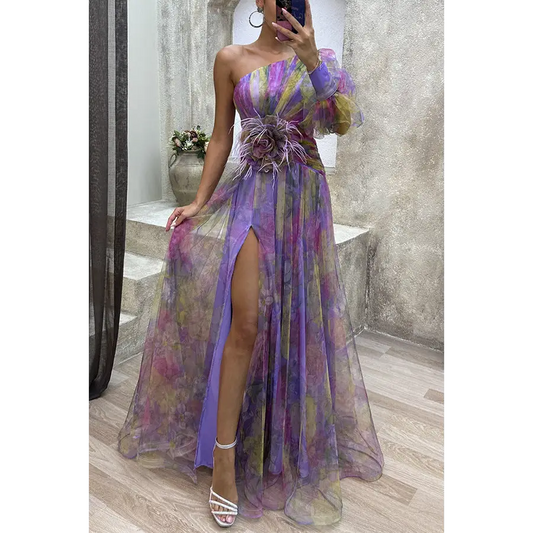 Mesh Slanted Shoulder Printed Long Dress for Women - Purple / S - 4