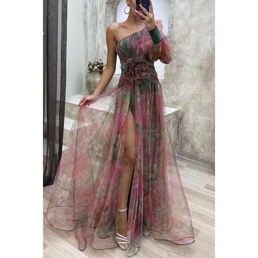 Mesh Slanted Shoulder Printed Long Dress for Women - Red / S - 4