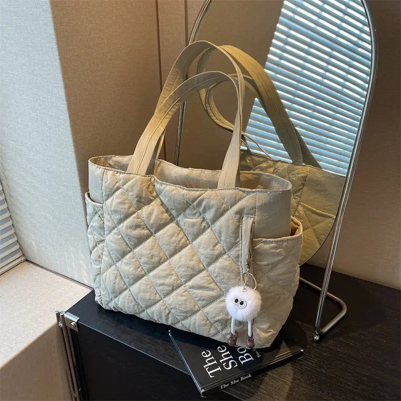 Milky White Green Black Cotton Horizontal Square Bag with Slit Pocket