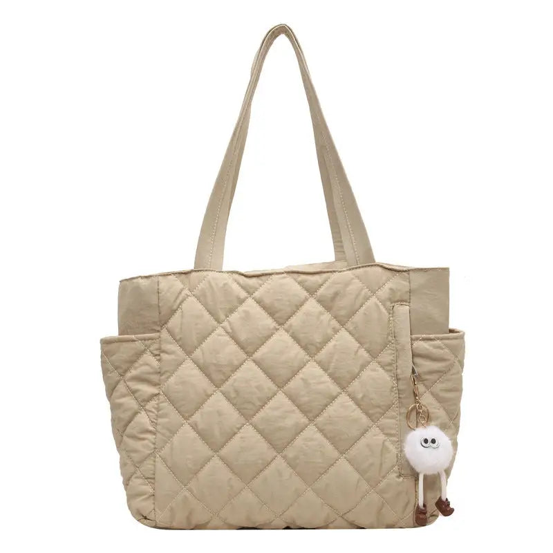 Milky White Green Black Cotton Horizontal Square Bag with Slit Pocket - White / With Pendant