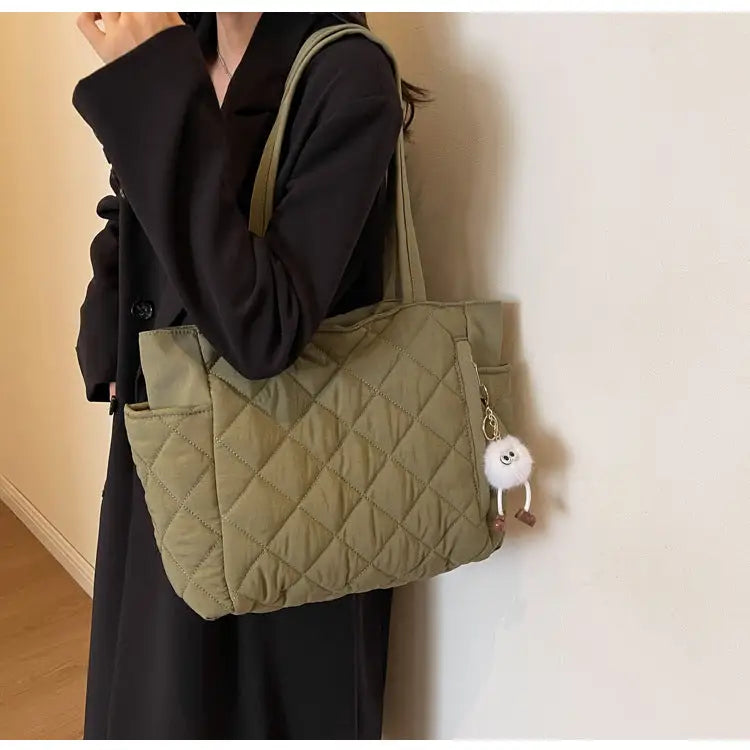 Milky White Green Black Cotton Horizontal Square Bag with Slit Pocket