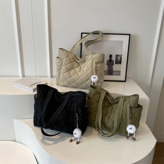 Milky White Green Black Cotton Horizontal Square Bag with Slit Pocket