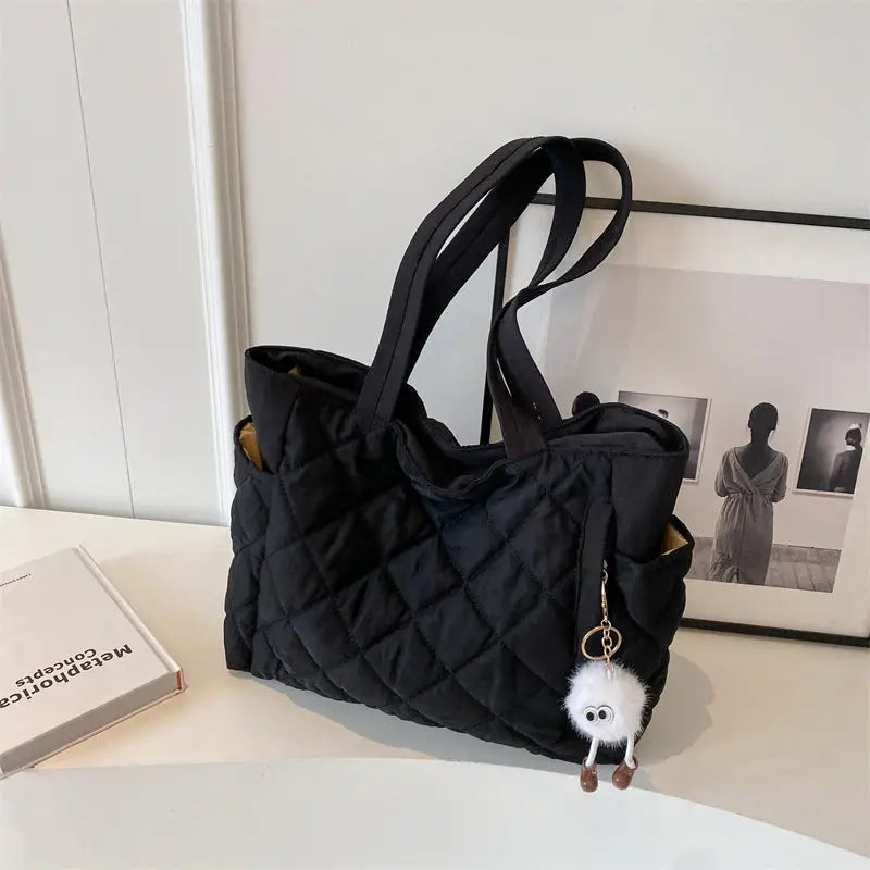 Milky White Green Black Cotton Horizontal Square Bag with Slit Pocket
