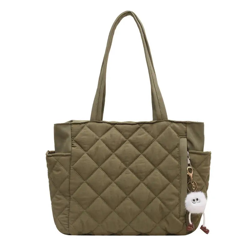 Milky White Green Black Cotton Horizontal Square Bag with Slit Pocket - Green / With Pendant