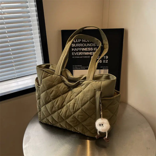 Milky White Green Black Cotton Horizontal Square Bag with Slit Pocket